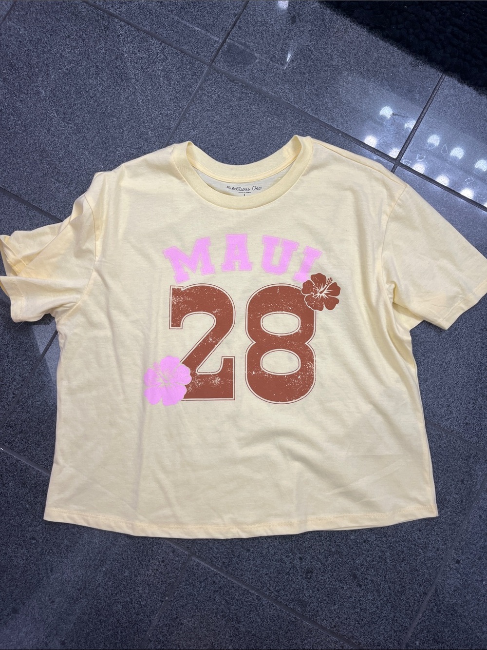 Rebellious One Yellow Tee with Brown '28' and Pink Accents